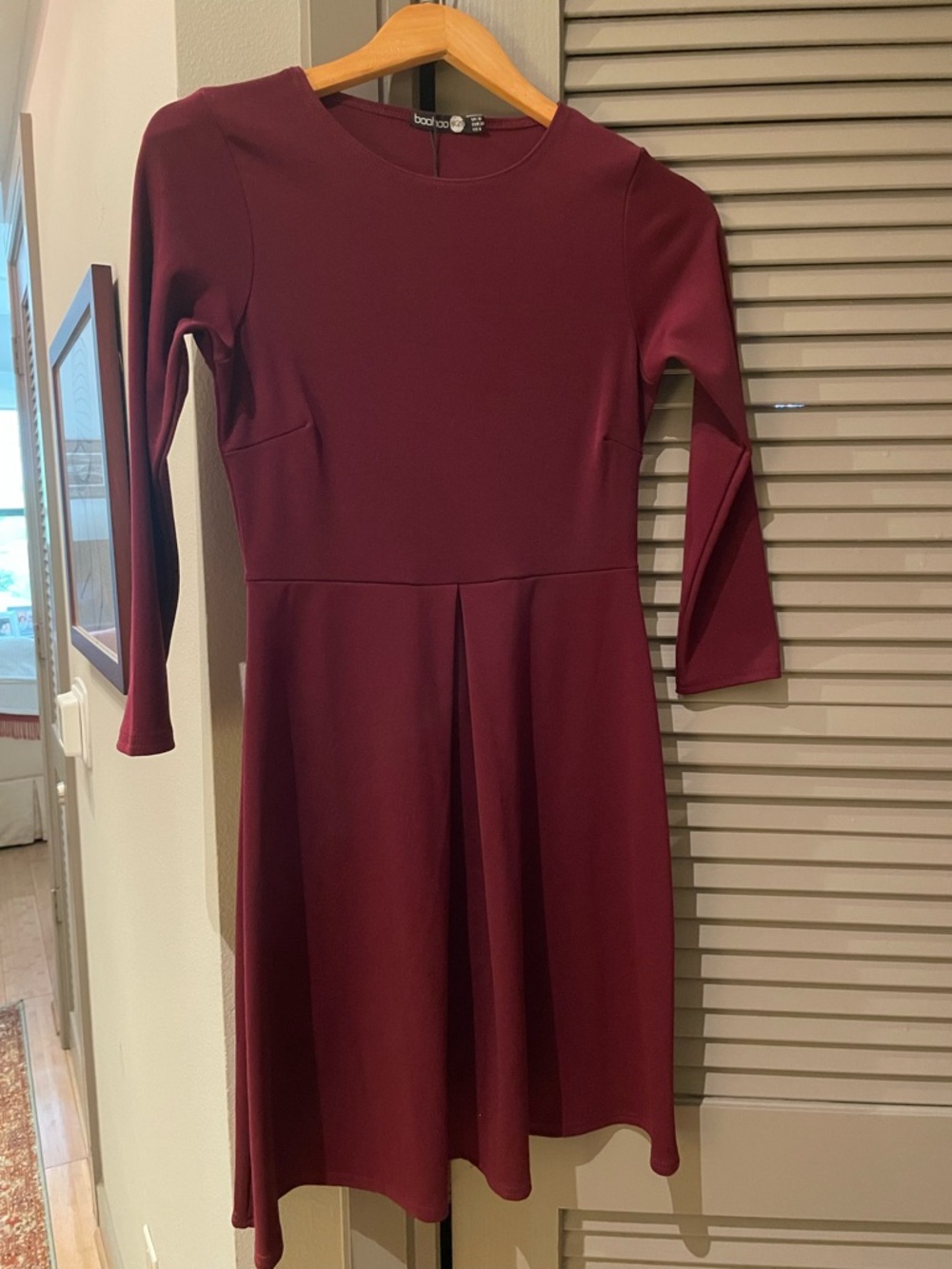 Boohoo Wine Long-Sleeve Fit & Flare Dress